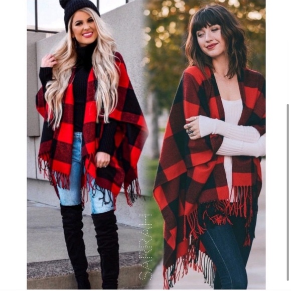 Last 1 New Cozy Soft Chic Plaid Fringe Poncho Ruana - Picture 3 of 10